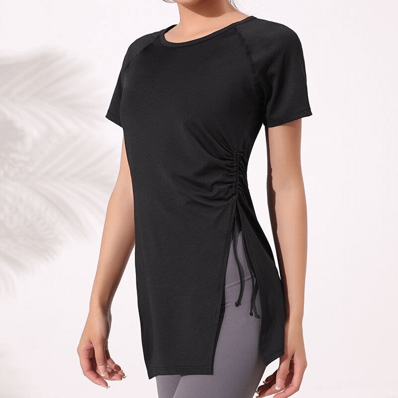 Women's long black t-shirt with drawstring, perfect for yoga; lightweight, breathable, quick-dry polyester fabric, anti-wrinkle features.